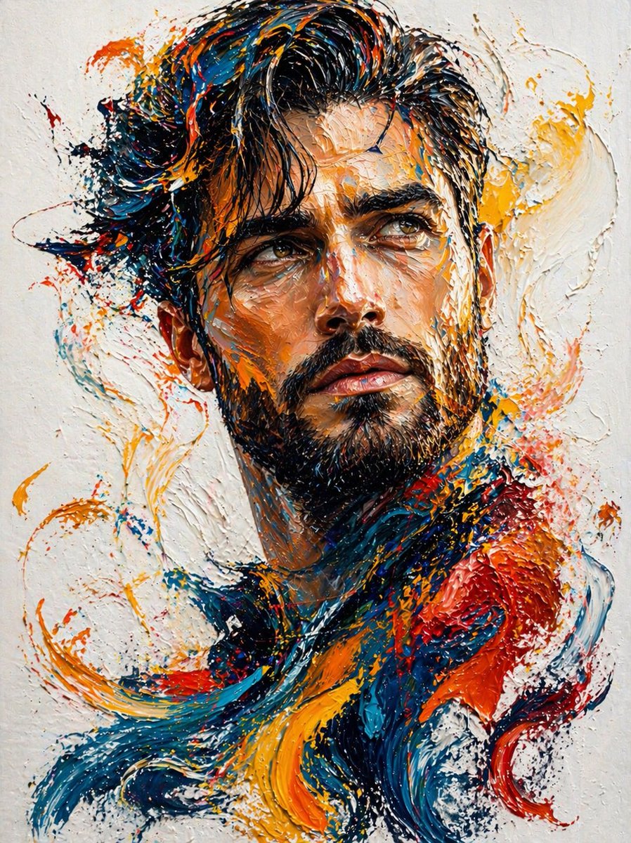 Chatgpt ai image

Prompt👇

A highly detailed abstract portrait of a man use image for face reference created in a thick impasto oil painting style. The face is semi-realistic, with expressive eyes looking slightly upward, conveying contemplation and confidence. His hair and