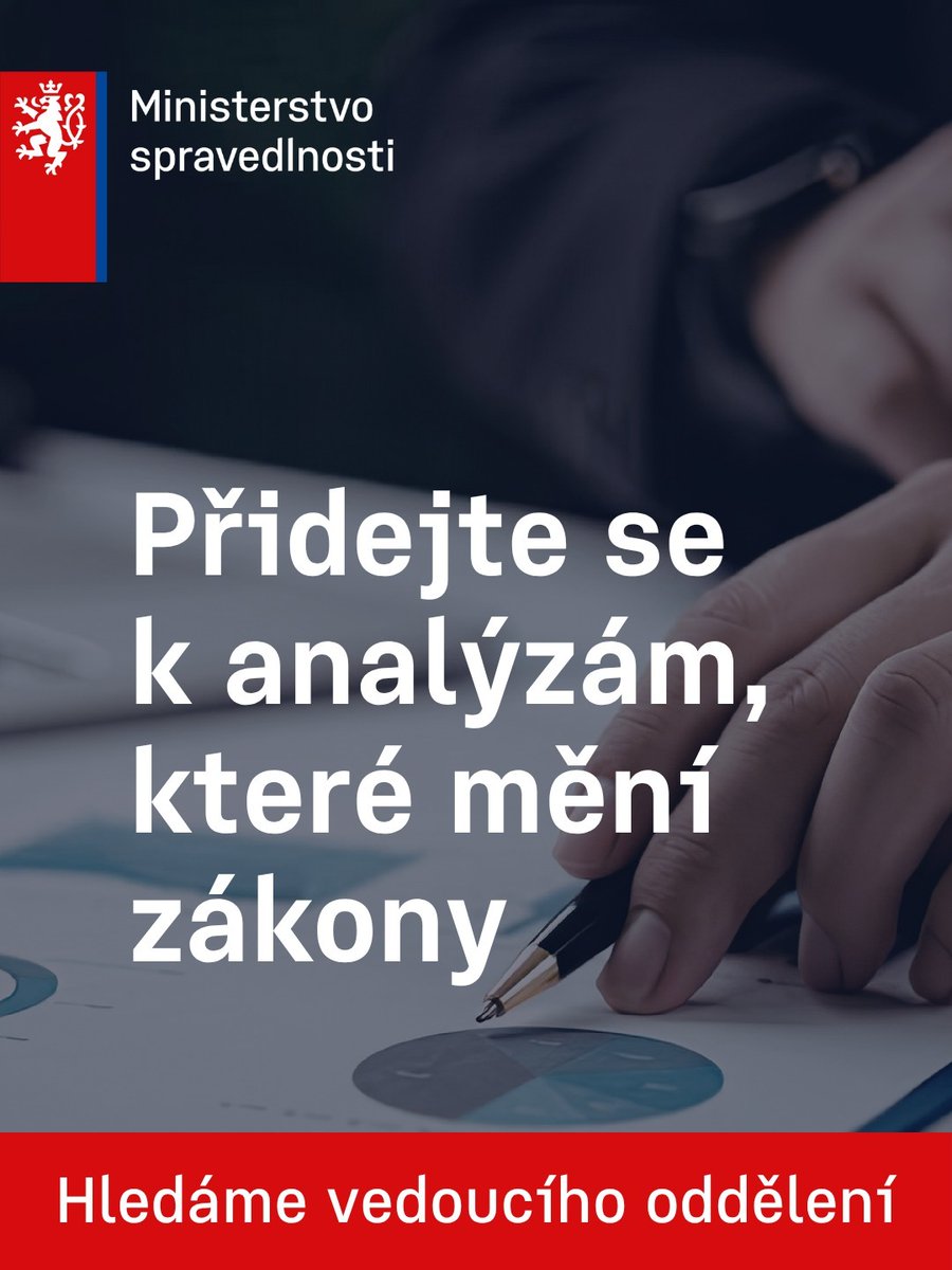 SpravedlnostCZ's tweet photo. 📢 HLEDÁME VEDOUCÍHO ODDĚLENÍ ANALÝZ A HODNOCENÍ DOPADŮ REGULACE

Nejde jen o práci s daty. Jde o analýzy, které se promítají do rozhodování státu a podoby zákonů.

Budete pracovat s daty z justice i dalších oblastí a připravovat podklady pro témata jako trestní politika, exekuce, insolvence nebo soudnictví. To, co vznikne, nekončí v šuplíku, ale v praxi.

Nabízíme 15. platovou třídu, doplněnou o osobní příplatek a příplatek za vedení. Součástí je také flexibilní pracovní doba, 5 týdnů dovolené a 5 dní indispozičního volna, stejně jako podpora dalšího profesního rozvoje.

Hledáme člověka, který umí pracovat s daty, přemýšlí v souvislostech a orientuje se v analytických nástrojích (R, Python, SPSS). Důležité je i magisterské vzdělání v relevantním oboru a chuť dělat práci, která má skutečný dopad.

📩 Zaujalo vás to? Pošlete CV a motivační dopis na martina.novopacka@msp.gov.cz

⏳ Uzávěrka: 5. 5. 2026