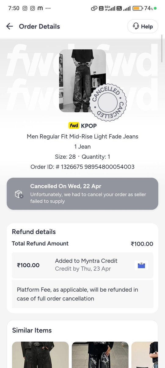 4nmxl's tweet image. @myntra kept my order for 1 MONTH and then cancelled it.

I Ordered jeans on 29 March during some sale under ₹400). Delivery delayed till 21 April, now CANCELLED. Same product now at ₹ 1400+.

Needed it for 29 April event. Unacceptable.Expect resolution or compensation.#Myntra