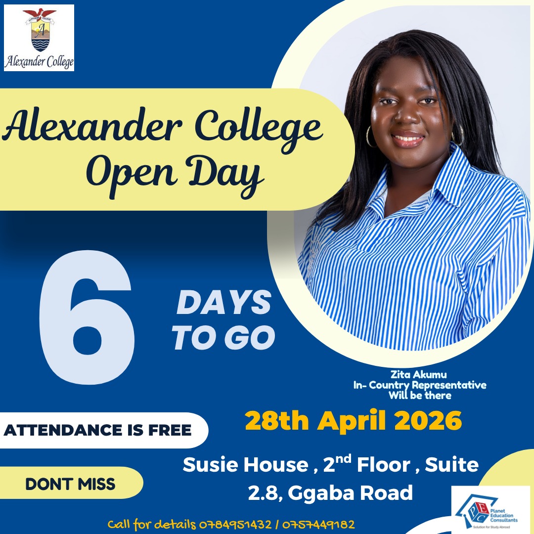 Planetconsults's tweet photo. Only 6 days to go! 🎉
Alexander College brings world class learning closer to you! 🌍
Explore:
Flexible online programs
Joint pathway programs with Thompson Rivers University (TRU) and Kwantlen Polytechnic University (KPU)

📅 Date: Tuesday, 28th April
📍 Venue: Susie House, Second Floor, Suite 2.8, Ggaba Road (next to DFCU Bank Nsambya)

Join us and get guided on your pathway to global opportunities.
Entrance is FREE!