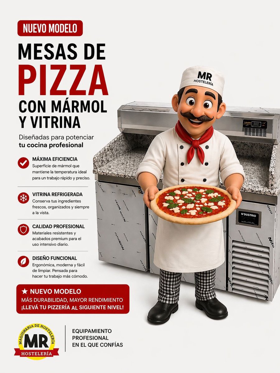 mrhosteleria's tweet photo. 🍕✨ Eleva tu cocina al siguiente nivel ✨🍕

Descubre nuestras mesas de pizza refrigeradas, diseñadas para profesionales que buscan eficiencia, estilo y máxima calidad en cada preparación.

✔️ Encimera de mármol: perfecta para trabajar la masa con precisión, manteniendo la temperatura ideal y logrando una textura impecable.  
✔️ Sistema de refrigeración integrado: conserva tus ingredientes siempre frescos y listos para usar.  
✔️ Vitrina expositora: organiza y muestra tus toppings de forma higiénica, accesible y atractiva para el cliente.  

Optimiza tu espacio de trabajo, gana rapidez en el servicio y ofrece pizzas perfectas en cada pedido.

🔥 Ideal para pizzerías, restaurantes y cocinas profesionales que no se conforman con lo básico.

📩 Contáctanos hoy mismo y transforma tu forma de trabaja