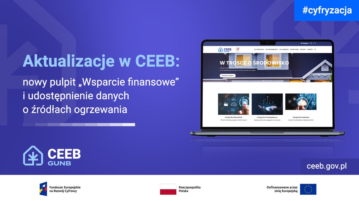 GUNB_Urzad's tweet photo. Aktualizacje w #CEEB
👉w systemie pojawił się pulpit "Wsparcie finansowe", który prezentuje dane o dofinansowaniach i pomocy socjalnej
👉zaktualizowaliśmy także informacje o strukturze źródeł centralnego ogrzewania w budynkach jednorodzinnych
Więcej ➡️https://t.co/zt3l9ufAtG https://t.co/2ktISV4kQE