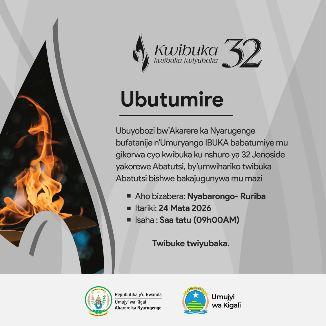 Nyarugenge's tweet photo. Ubuyobozi bw'Akarere ka #Nyarugenge butumiye abantu bose mu gikorwa cyo #Kwibuka32 kizagira umwihariko wo Kwibuka Abatutsi bishwe bakajugunywa mu mazi kizabera ku Rwibutso rwa Nyabarongo ruri kuri Ruliba Tariki 24/04/2026
Kwibuka, Twiyubaka https://t.co/HCjHfSXJKg