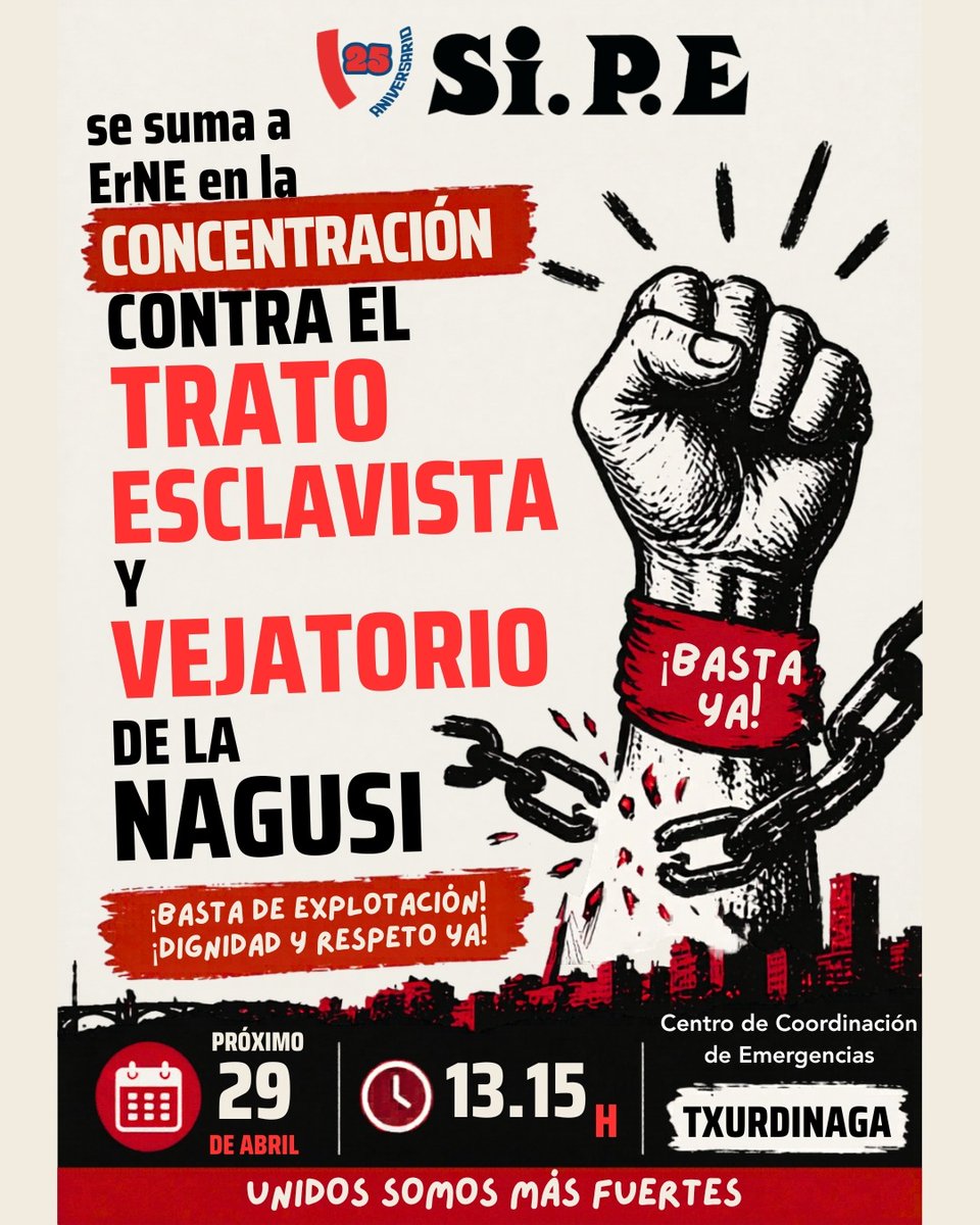sipertzaintza's tweet image. 📢 El #SiPE se suma a #ErNE en la concentración contra el trato esclavista y vejatorio de la NAGUSI.
✊ Basta de explotación.
✊ Dignidad y respeto ya.
📅 29 de abril
🕐 13:15 h
📍 Txurdinaga