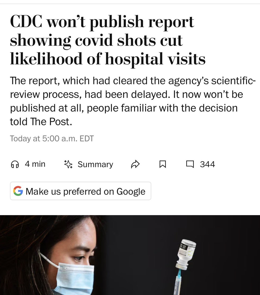 BLOCKED—RFK Jr’s CDC had blocked its scientists’ studying showing that the COVID booster shots reduce ER visits and hospitalizations—even among healthy adults. Already passed scientific review—CDC blocked its report from its own flagship medical journal. Disgusting.