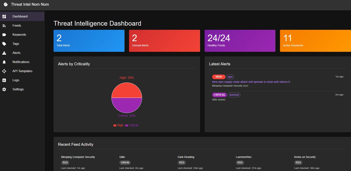 Threat Intel Nom Nom — open source threat intel aggregator that monitors RSS feeds, websites, APIs, and .onion sites for your keywords. Auto-extracts IOCs, alerts via Discord/email/webhook. Docker one-liner setup. Free, no signup, no nonsense.

github.com/LuemmelSec/Thr…