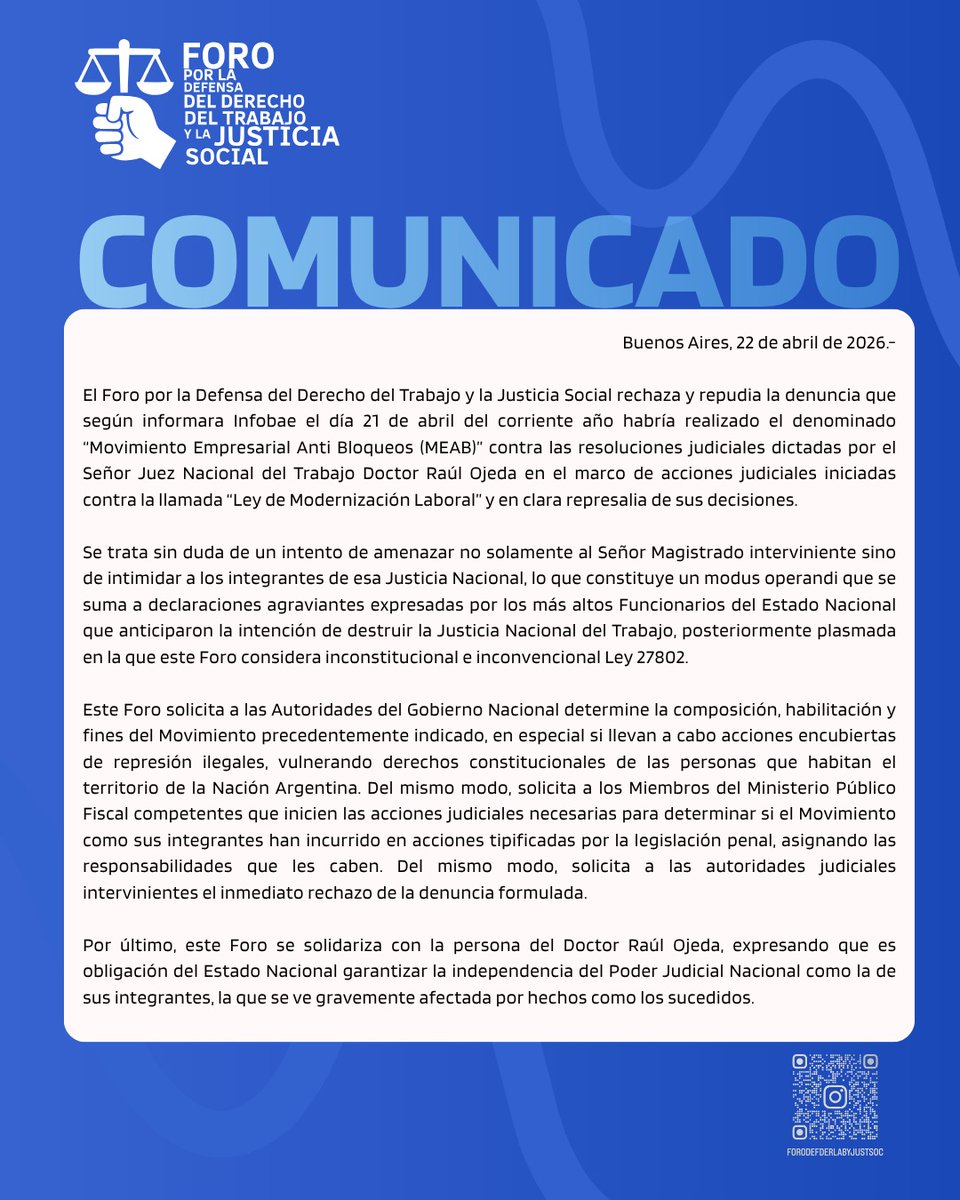 CTAAutonoma's tweet photo. 🚨 Ante el intento de amedrentamiento al Dr. Raúl Ojeda por parte del "Movimiento Empresarial Anti Bloqueos", desde el Foro por la Defensa del Derecho del Trabajo y la Justicia Social expresamos nuestro absoluto repudio y solidaridad. https://t.co/K9EA5Rgbwn