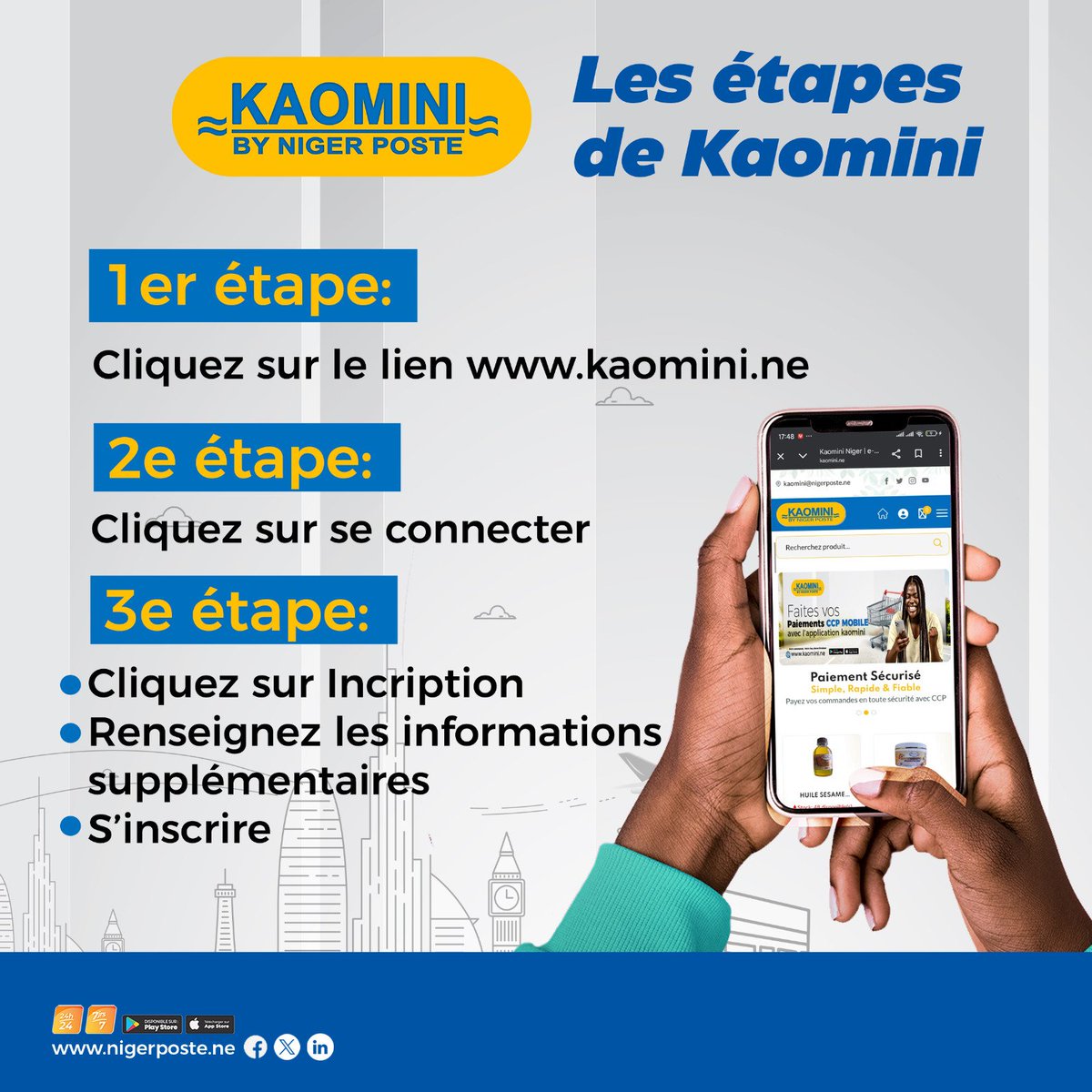 NigerPoste's tweet photo. Installez en toute simplicité votre compte #KAOMINI en #3étapes et effectuez vos achats et ventes en ligne.

Avec #KAOMINI, 
vos commandes en ligne deviennent plus faciles et sécurisées. 

#Kaomini
#NigerPoste
#UnMondeMieuxServi https://t.co/Y5NSNorTi0