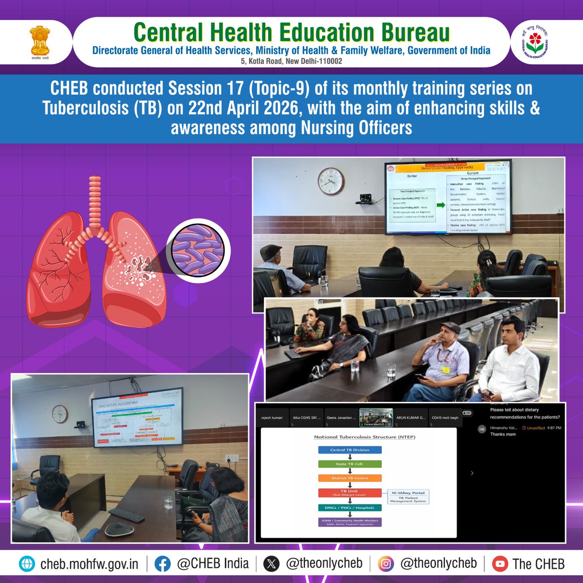 theonlycheb's tweet photo. Session 17 (Topic 9: Tuberculosis) was conducted under the Monthly Online Training Series, empowering CGHS Nursing Officers across Delhi‑NCR with enhanced expertise and practical learning
@MoHFW_INDIA
@DghsIndia
#TBFreeIndia
#EndTB
#YesWeCanEndTB https://t.co/ttreRM9P6e