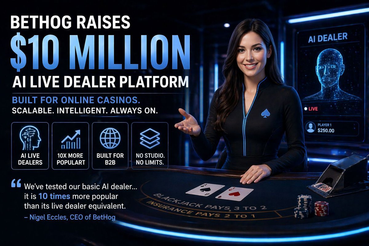 BetHog just raised $10M and is rolling out an AI live dealer platform through Sentient Studios, pushing into B2B for online casinos.

From the news... “We’ve tested our basic AI dealer… it is 10 times more popular than its live dealer equivalent.” — BetHog CEO Nigel Eccles

Big