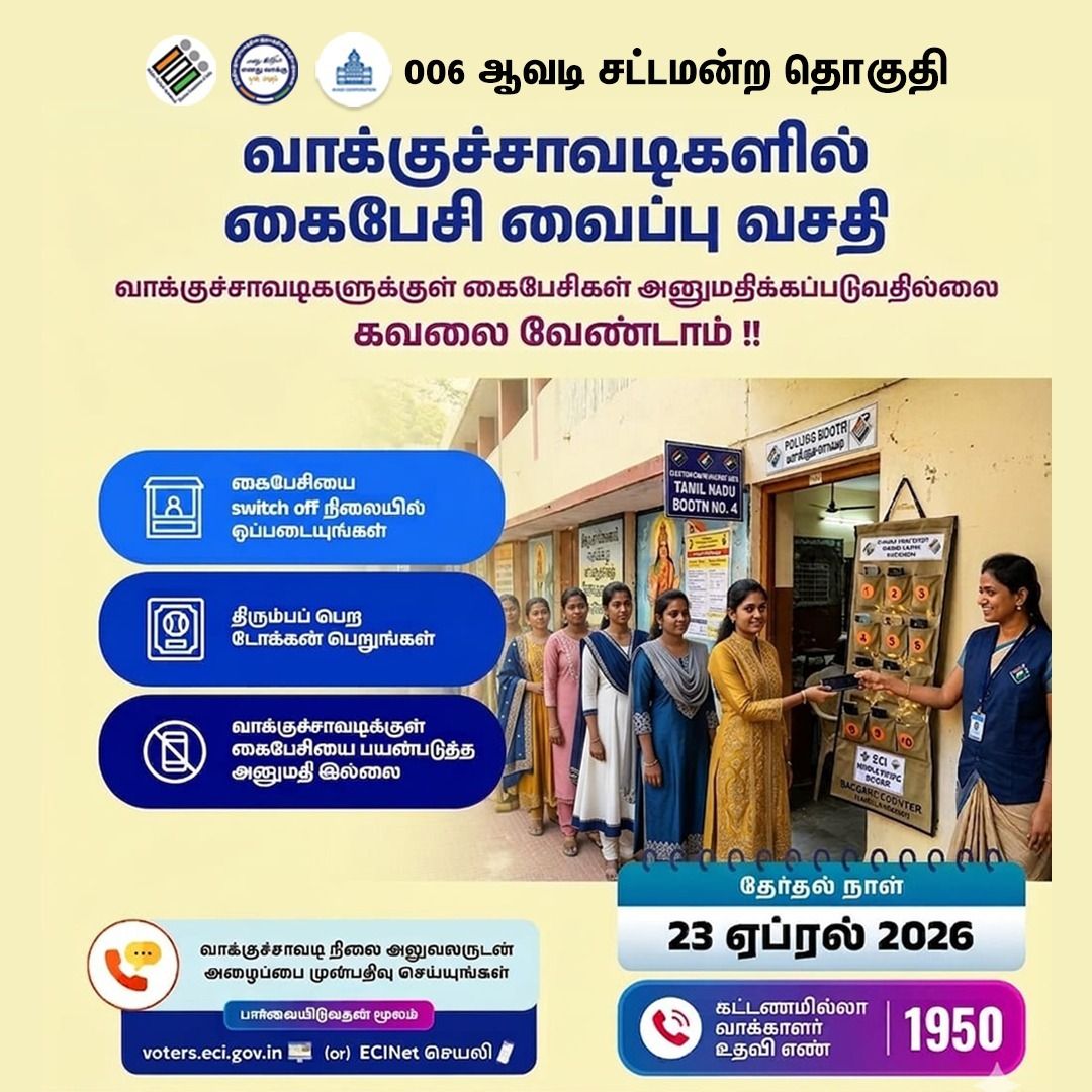 Avadi_Corp's tweet image. தமிழ்நாடு சட்டமன்ற பொதுத்தேர்தல் -2026 

#safety  #mobile  #cellphone  #election #VOTE #SVEEP  #TNLA2026 #Assembly  #ElectoralRolls @ECISVEEP 
TN Elections CEO
@TNelectionsCEO
Chief Electoral Officer Tamil Nadu
 #tnpolitics
Thiruvallur District Elections
@DEO_Thiruvallur