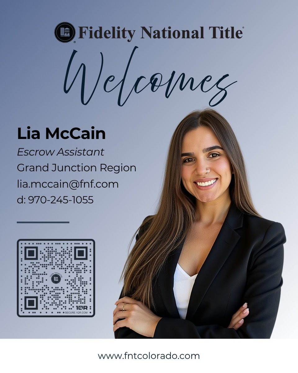 FNTColorado's tweet photo. Fidelity National Title is thrilled to welcome Lia McCain as our newest Escrow Assistant serving the Grand Junction region! Please join us in welcoming Lia to the team! 🎉

#FidelityNationalTitleColorado #EscrowAssistant #GrandJunction #TitleInsurance #RealEstateProfessionals https://t.co/7dKrWp8lKZ