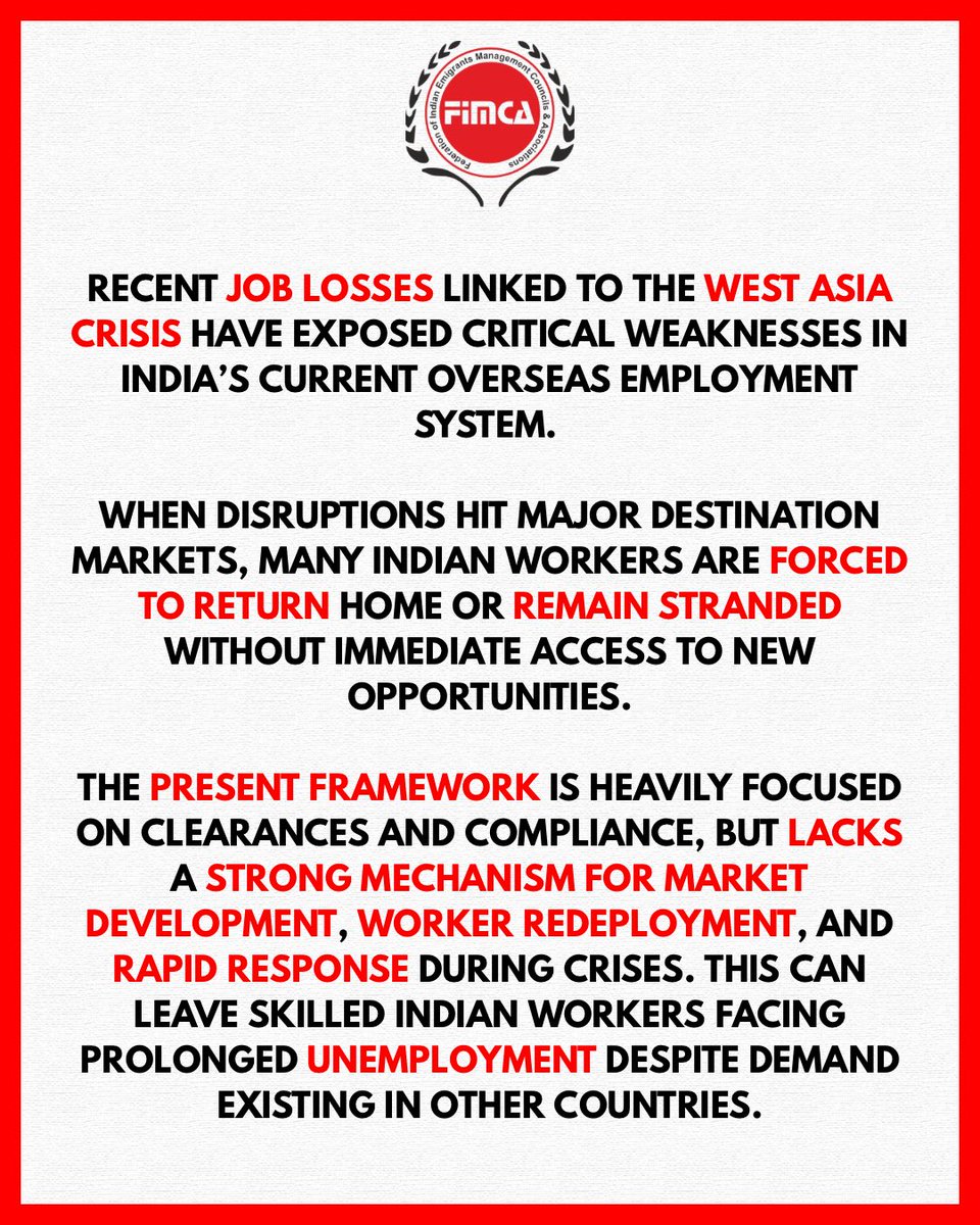 Fimca_India's tweet photo. One disruption, and thousands are back home with no plan. FIMCA wants a system that actually works when it matters.

#SafeMigration #FairRecruitment
#FIMCA
#Employment #FutureOfWork https://t.co/cLrdLIVQwT