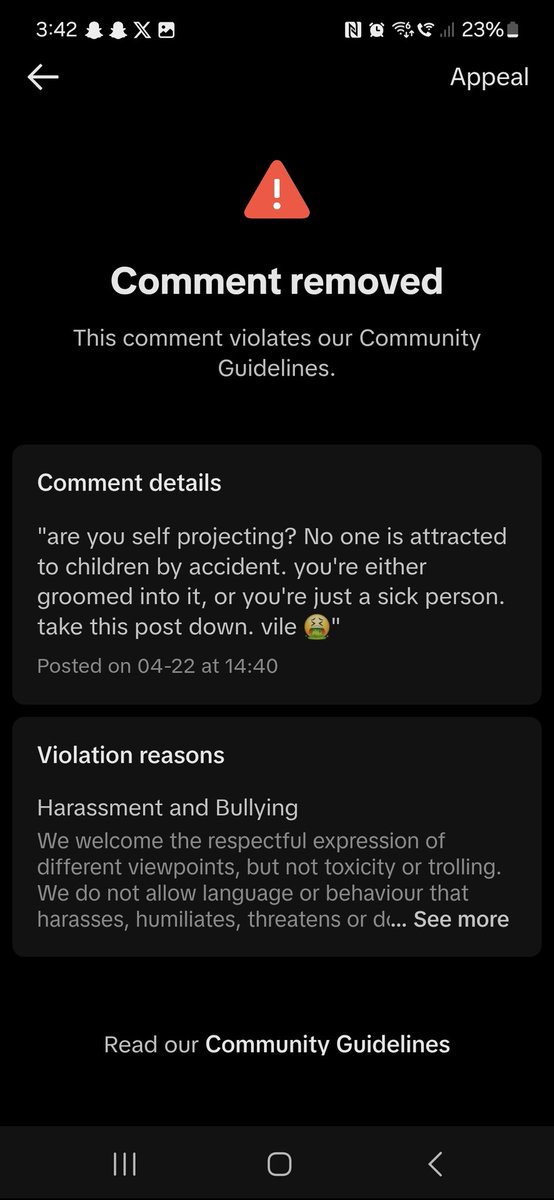 UBG_BEAT's tweet photo. I commented on a tiktok about some woman defending pedos saying 'not everyone should be classed as a preditor if they want to fuck children. It's not their fault' 'A preditor fucks kids, pedos dont' 

Tiktok took my post down coz it was classed as harassment and bullying. 💀 https://t.co/nZBWY5DFrT