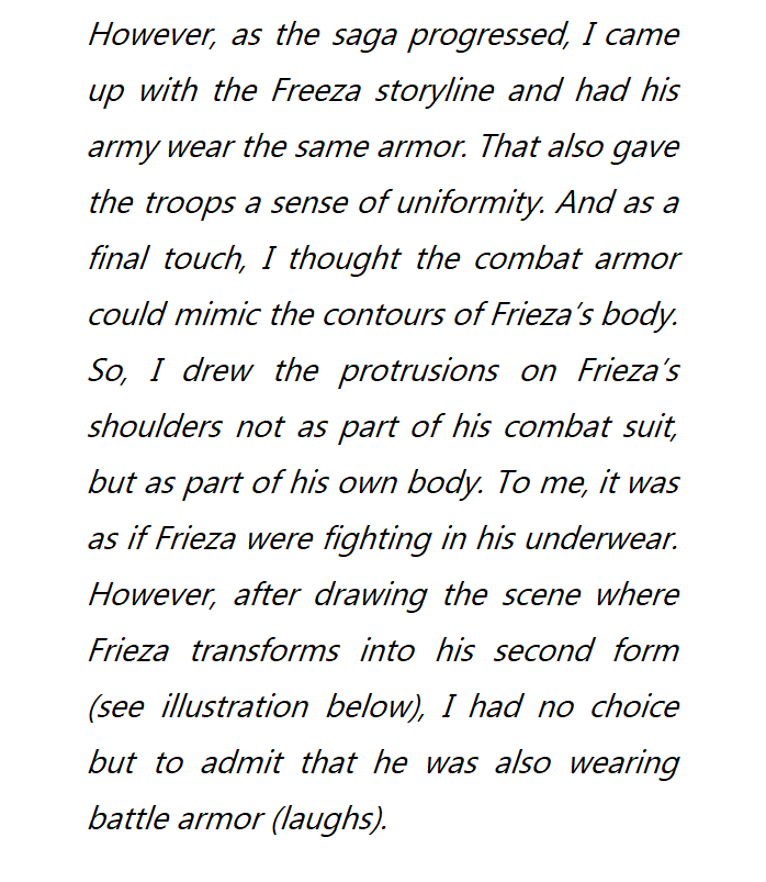 Proxima26434526's tweet photo. Regarding this topic, it's interesting that Toriyama had previously stated that he originally designed the structure around Freeza's torso as a part of his body, but eventually changed his mind and made it an armor (as he depicted in the scene where it breaks) https://t.co/6RJPowgX93