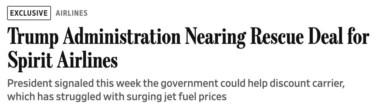 New from WSJ: Trump admin nearing ~$500 million bailout of Spirit Airlines 

Ah, such a great tradition in the United States of Subsidies and Moral Hazard 💸🇺🇸