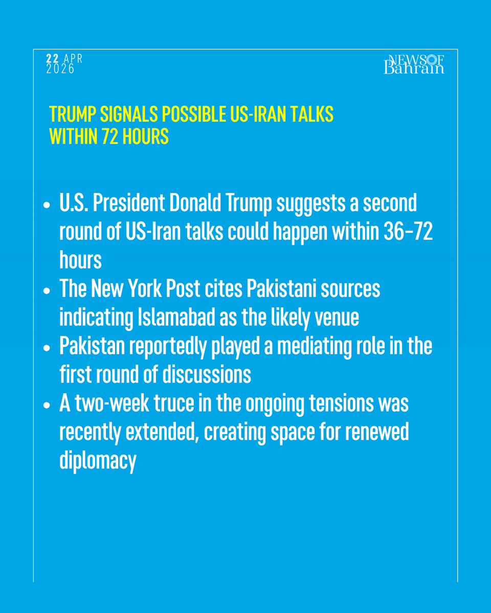 newsofbahrain's tweet image. Fresh diplomatic momentum builds as President Donald Trump signals a potential new round of US-Iran talks within days, raising hopes for continued truce efforts.
#NewsofBahrain #news #Bahrain #Manama