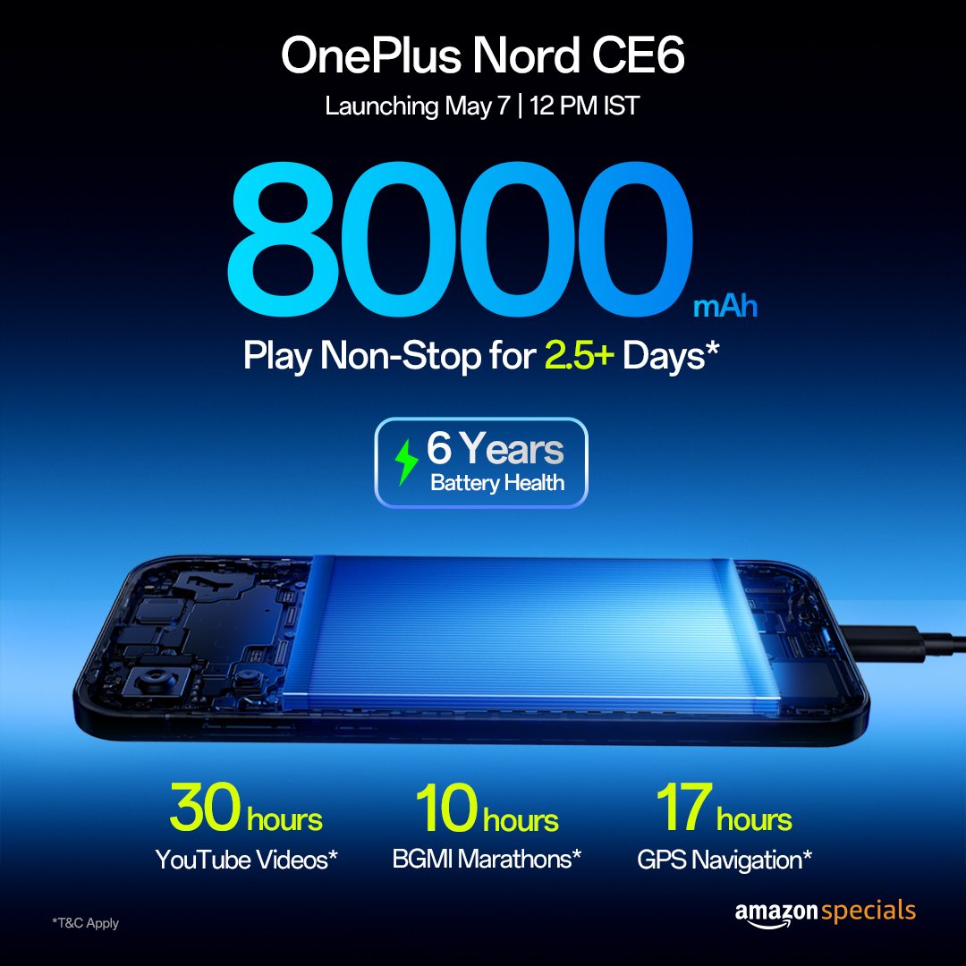 ManishAmbadiya's tweet image. OnePlus Nord CE6 arrive with a huge 8000mAh battery 🔋
#OnePlus #NordCE6