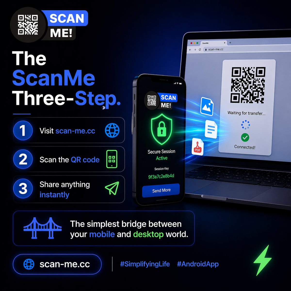 ScanmeGMV's tweet photo. The ScanMe Three-Step**

1️⃣ Visit https://t.co/0StnqCNLHU 🌐
2️⃣ Scan the QR code 🤳
3️⃣ Share anything instantly 📤

The simplest bridge between your mobile and desktop world.

https://t.co/0StnqCNLHU

#SimplifyingLife #AndroidApp https://t.co/tMEVyRcfXo