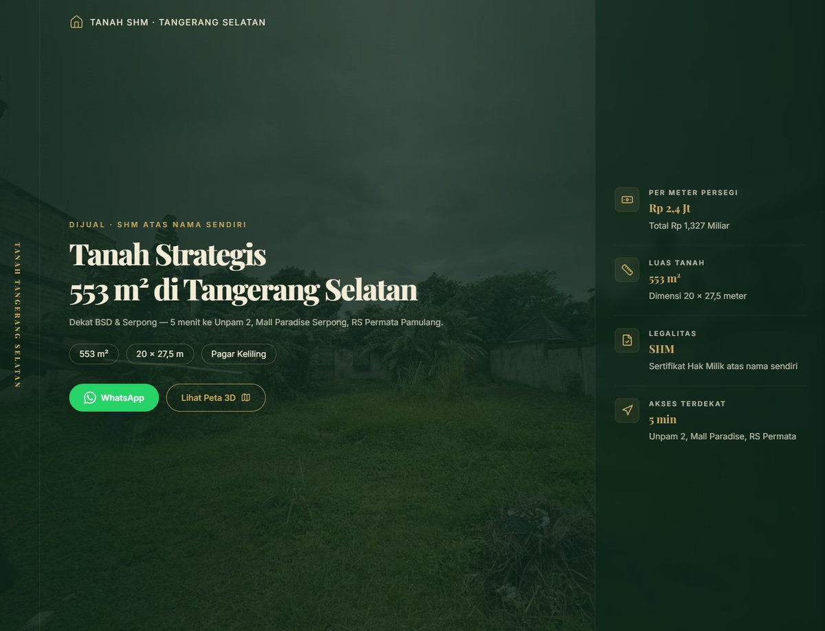 ucgbgt's tweet photo. Daripada posting foto tanah di marketplace dan tenggelem di antara ratusan listing, saya coba pendekatan lain: bikin website khusus buat tanah saya yang dijual.

Hasilnya → https://t.co/UVnEh4GxnS
Ternyata jauh lebih efektif. Calon pembeli dateng udah paham spesifikasi, legalitas, potensi pemakaian. Tinggal nanti lanjut diskusi harga.
Kalau kamu lagi jual tanah/properti dan mau bikin yang kayak gini, boleh banget kita kerjasama. DM aja.