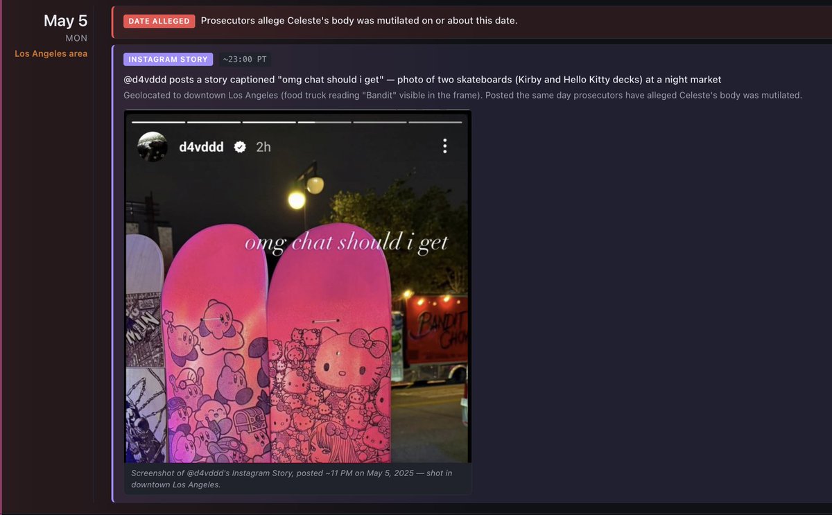 SF_investigates's tweet photo. This is a timeline I’ve put together covering the period just before it is alleged that David Anthony Burke (#D4vd) killed Celeste Rivas Hernandez (#CelesteRivasHernandez ) through the time shortly after it is alleged that he dismembered her body.

The timeline is based on recovered and deleted social media posts as well as confirmed public media appearances. It will continue to be updated as additional data is compiled. It can be viewed at the link below, and I have also attached several screenshots from the timeline.

The sequence appears to show a surge of activity immediately after the alleged murder, followed by a period of relative silence in the days leading up to the alleged dismemberment. On the date it is alleged the dismemberment occurred, May 5, 2025, a social media post places him in downtown Los Angeles around 11 PM.

One of the most significant unanswered questions is: where was Celeste’s body between April 23 and May 5?

The timeline shows that he traveled to New York on April 24. Within a single day, he would have had to place her body somewhere he later returned to nearly two weeks later, on May 5.

On May 5 (Cinco de Mayo), he posted from downtown Los Angeles. A Chow Mein truck visible in the background can be independently confirmed to have been operating in that area on that date.

Photographic evidence shows that David and Celeste spent time in downtown earlier in the year.

Is there a connection between downtown Los Angeles and the murder, and storage of the body of Celeste Rivas Hernandez?

https://t.co/sw33JoZ5Kd