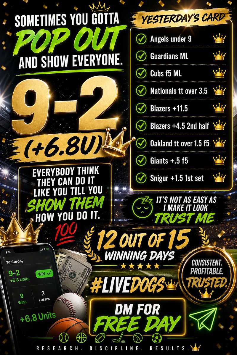 livedogs_'s tweet photo. Sometimes you gotta pop out and show niggaz 😤

12 out of 15 winning days 😤
9-2 yday 😤

⚡Flash sale⚡
$80 for month and if you don't profit 1st day you get money back AND a free week

I put money where mouth is..that's the diff between me and them

#LiveDogs👑
#Gambling𝕏 
#GamblingTwitter
#sportsbets