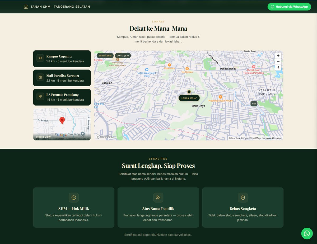 ucgbgt's tweet photo. Daripada posting foto tanah di marketplace dan tenggelem di antara ratusan listing, saya coba pendekatan lain: bikin website khusus buat tanah saya yang dijual.

Hasilnya → https://t.co/UVnEh4GxnS
Ternyata jauh lebih efektif. Calon pembeli dateng udah paham spesifikasi, legalitas, potensi pemakaian. Tinggal nanti lanjut diskusi harga.
Kalau kamu lagi jual tanah/properti dan mau bikin yang kayak gini, boleh banget kita kerjasama. DM aja.