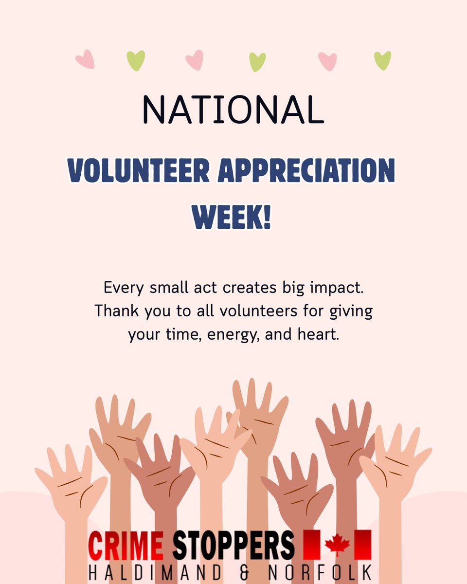 hncrimestoppers's tweet image. 🙌 It’s National Volunteer Appreciation Week!  
Volunteers are the backbone of Crime Stoppers of Haldimand and Norfolk and countless community programs.
To every volunteer who gives their time to make a difference — thank you!
#NationalVolunteerAppreciationWeek
#Volunteers