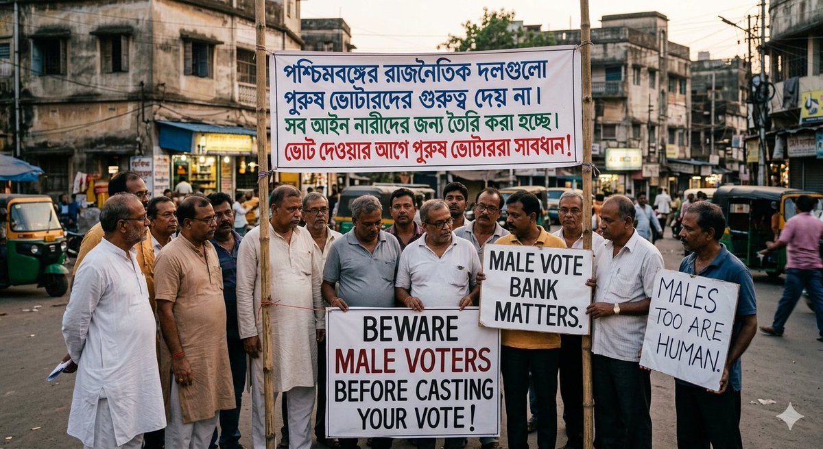 Beware Male Voters before custing your vote 
#MaleVoteBank matters 
<a href="/BJP4Bengal/">BJP West Bengal</a> <a href="/AITCofficial/">All India Trinamool Congress</a> <a href="/News18Bengali/">News18 Bangla</a> <a href="/IamSumanDe/">Sange Suman</a> <a href="/Tv9_Bangla/">TV9 Bangla</a> <a href="/cskkanu/">Chetan</a> <a href="/mra_arghospeak/">🇮🇳ARGHO BISWAS অর্ঘ্য বিশ্বাস आर्घो विस्वास</a> <a href="/sangharshForMen/">Sangharsh Men's Welfare Society</a> <a href="/DrAshokKMittal/">Ashok Kumar Mittal</a> <a href="/aajtak/">AajTak</a> <a href="/HridayaNFH/">HridayaNFH NGO</a> <a href="/RohitK_MRA/">R KR MRA</a> <a href="/cpimlliberation/">CPIML Liberation</a> <a href="/cpimspeak/">CPI (M)</a>