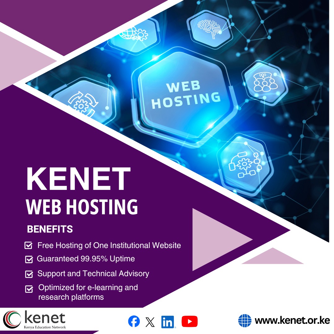 kenet_ke's tweet photo. The @kenet_ke Web Hosting Service comes with the following key benefits:

🗹 Free hosting of one institutional website for members
🗹 Reliable, high-uptime infrastructure hosted in Kenya
🗹 Domain registration and DNS support
🗹 Scalable virtual servers for platforms like Moodle and research repositories
#KENET #WebHosting