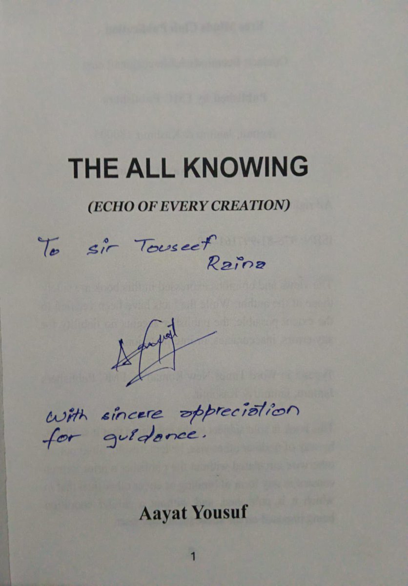 Touseefraina's tweet photo. A young, budding writer from Baramulla, Aayat Yusuf, presented her book The All Knowing to me today. It is truly heartening to see the younger generation expressing themselves through literature and creativity.
Wishing her all the very best for her journey ahead. https://t.co/76jFZfsWIm