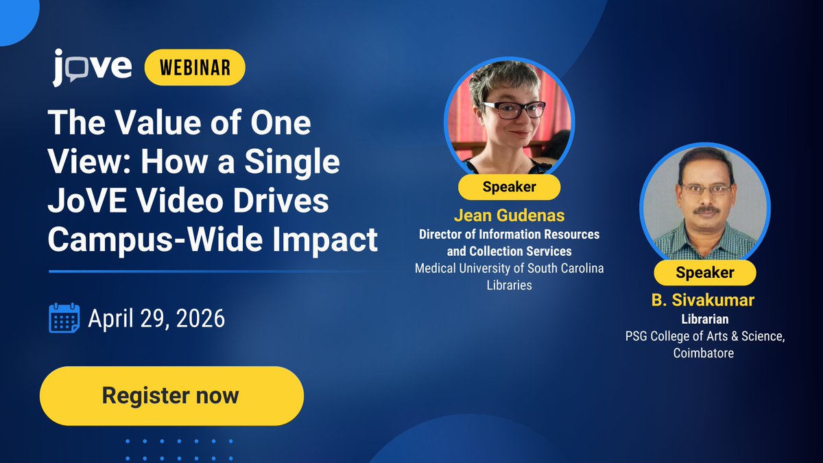 JoVEJournal's tweet image. Join us on April 29th for a webinar with B. Sivakumar and Jean Gudenas to explore how a single JoVE video can drive campus-wide impact. Register now: hubs.ly/Q04d1TJK0 #JoVE #AcademicLibraries #HigherEducation