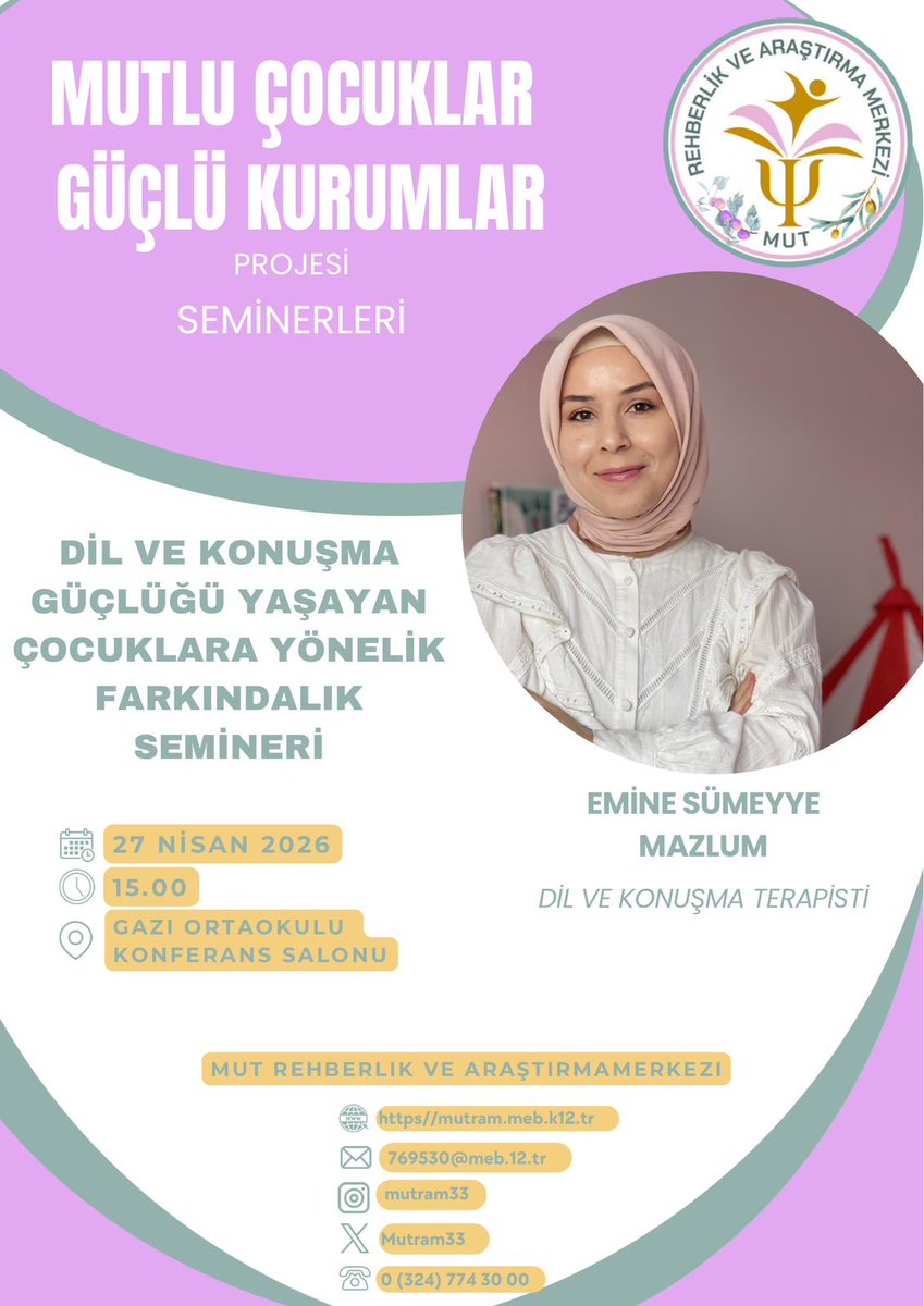 Mutram33's tweet photo. “Her çocuk anlaşılmak ister 💜

‘Mutlu Çocuklar Güçlü Kurumlar’ projemiz kapsamında
dil ve konuşma güçlüğüne yönelik farkındalık seminerimizde buluşalım.

📅 27 Nisan | 🕒 15.00
📍 Gazi Ortaokulu”
@MersinMEM @mut_mem @erddlk33 https://t.co/Zs7eME3q6K