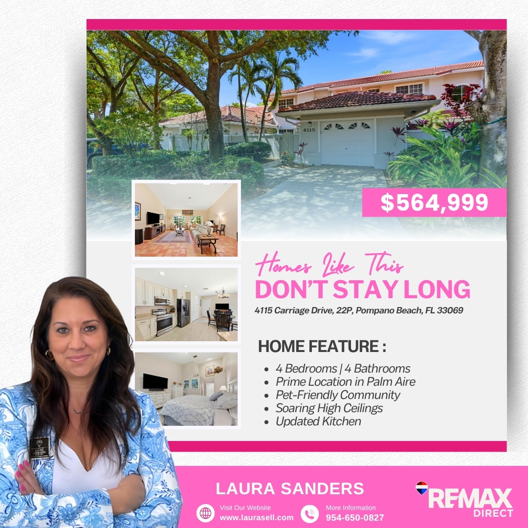 laurasellsflcom's tweet image. 🏡 SPACE, STYLE &amp;amp; LOW-MAINTENANCE LUXURY LIVING! ✨

📍 Address: 4115 Carriage Drive #P2, Pompano Beach, FL 33069
💲 Price: $564,999

📞 Call Laura Sanders at 954-650-0827 today for details or a private showing!

#PompanoBeach #PalmAire #TownhouseLiving #LuxuryLiving