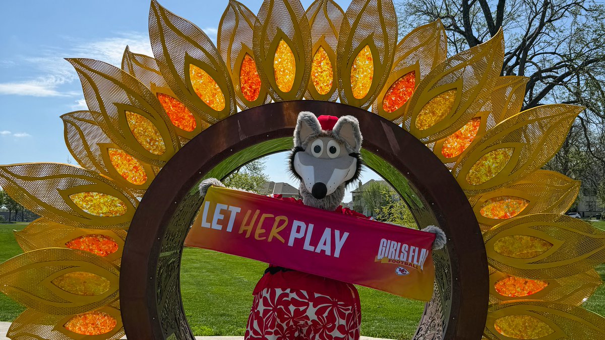 Chiefs's tweet photo. It's almost vote day! 

KC Wolf stopped at some of his favorite Kansas landmarks to show his support of sanctioning girls flag football 🫡 https://t.co/OaJKeLDt65