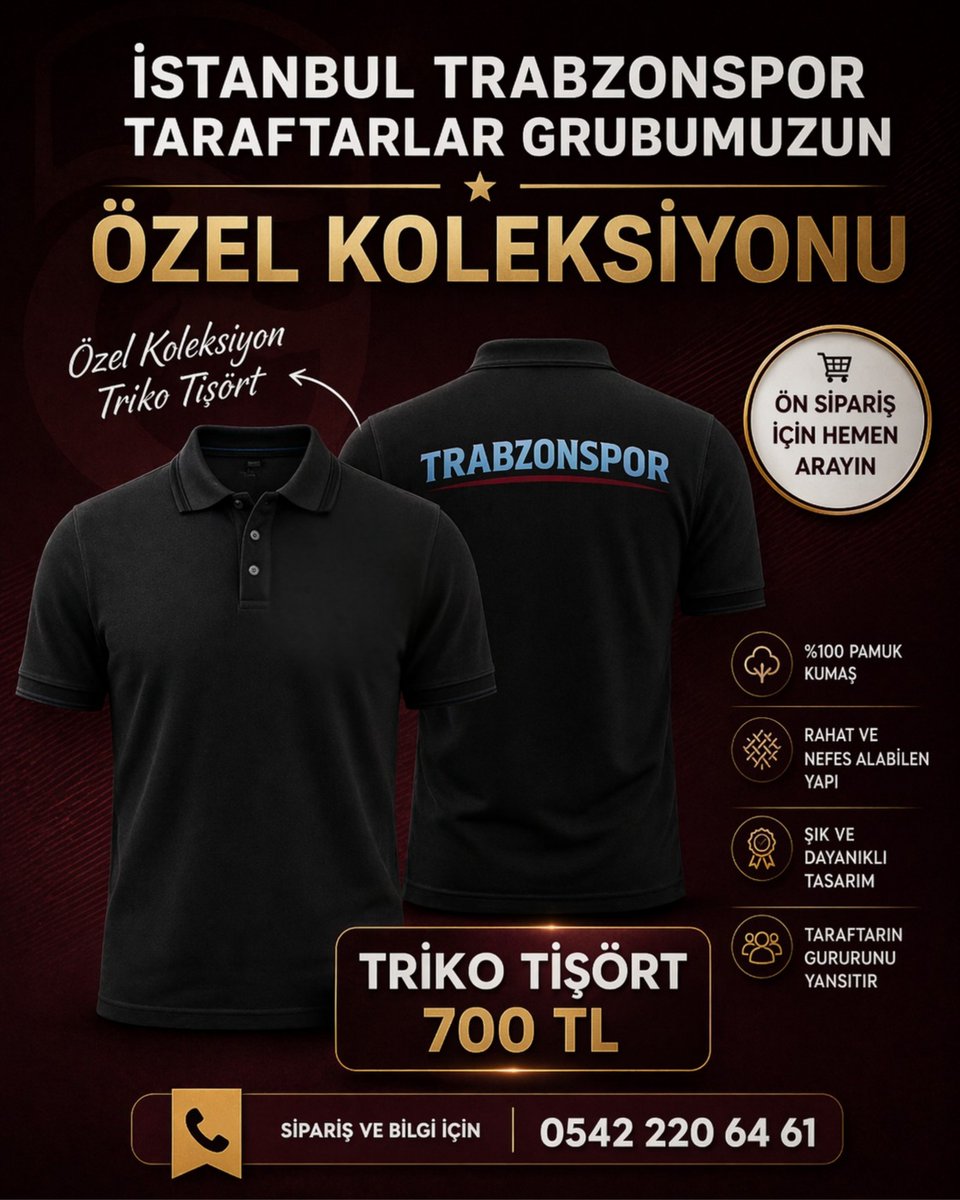 ittdresmi's tweet photo. 🔥 İstanbul Trabzonspor Taraftarlar Grubumuza Özel Koleksiyon Yayında! 🔥

Premium kumaş yapısı, zarif duruşu ayrıcalığı hissettirir.

👕 Özel Koleksiyon Triko Tişört
💰 700 TL
📦 Kargo alıcıya aittir.
📞 Sipariş &amp; Bilgi: 0542 220 64 61
📌 Sınırlı adet üretim yapılacaktır. https://t.co/Od5nbKlKe0