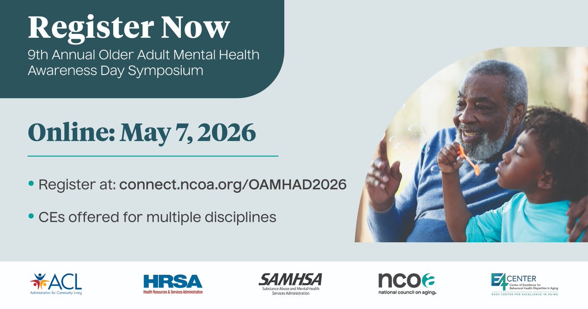 samhsagov's tweet image. Have you registered for @NCOAging’s OAMHAD on May 7!

This is a great event designed to raise awareness and provide resources to better address #MentalHealth—plus it’s online, totally free, and you can earn CE credits.️ ⬇️

#OAMHAD26 #MentalHealthMatters app.sosha.ai/s/YgVmb9Xh