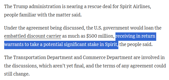 scottlincicome's tweet image. The Trump admin really is gonna bail out - and take a possible equity stake in - Spirit Airlines. 

Absolutely unreal.
wsj.com/business/airli…