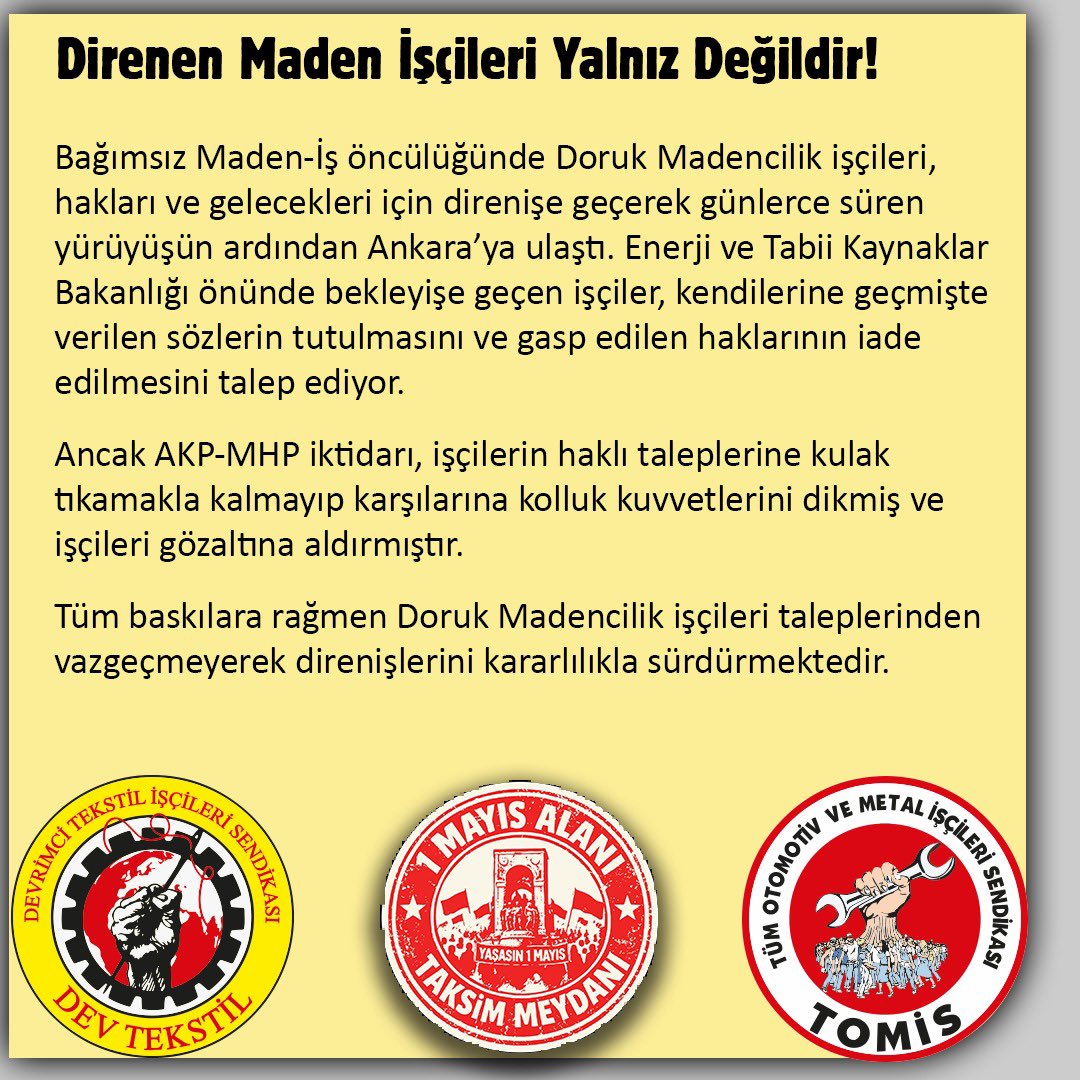 _DevTekstil's tweet photo. 📌Direnen Maden İşçileri Yalnız Değildir!

Haklarımıza ve geleceğimize yönelik tüm saldırılara karşı yanıt vermenin yolu direnmekten, örgütlenmekten geçiyor. https://t.co/aXCKYntJIc