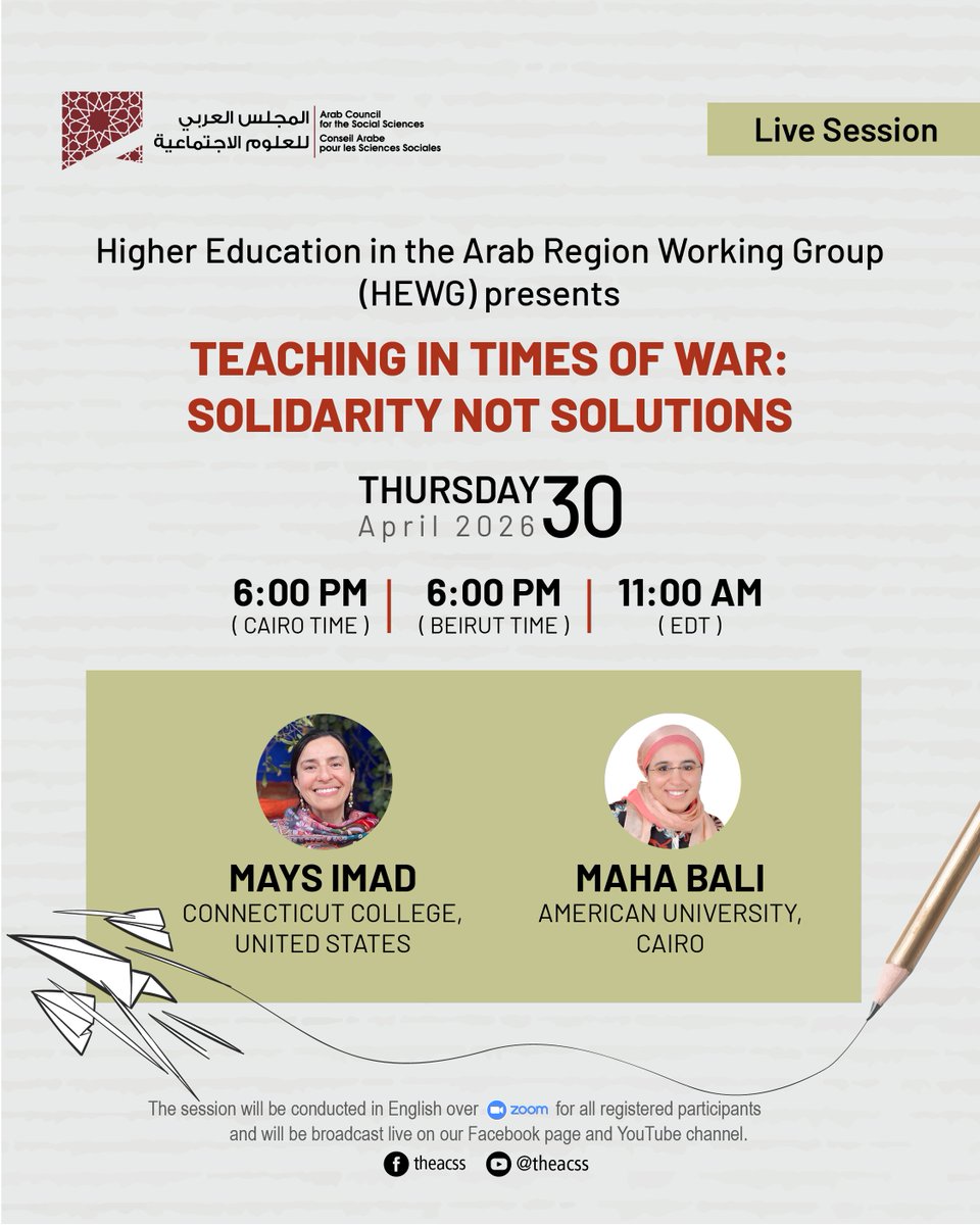 acss_org's tweet photo. Live Session | Teaching in Times of War: Solidarity not Solutions
Join Maha Bali and Mays Imad for a reflective session on the role of educators during times of war.
📅 Thursday, April 30
🕕 6 PM Cairo/Beirut | 11 AM EDT
 🔗 Register: https://t.co/xenVx6h5yD https://t.co/ALG1iLoxQh