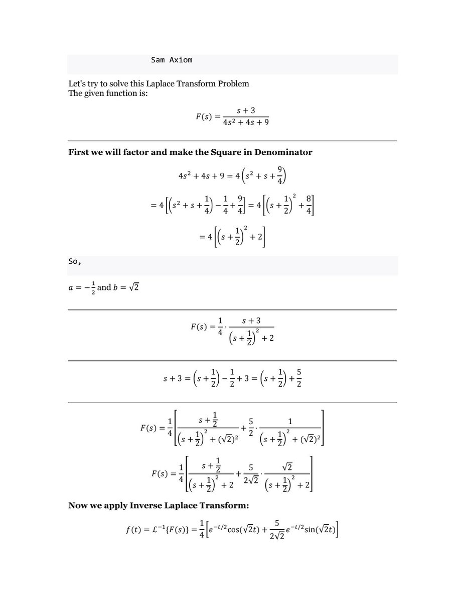Sam_Axiom's tweet photo. Solution of a Inverse Laplace Transform Problem ✅👇 

@Sam_Axiom https://t.co/tiv3YhQjuA