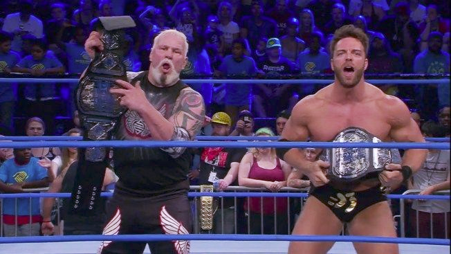 wrestle_hist's tweet image. 4/22/2018  

Eli Drake &amp;amp; Scott Steiner defeated LAX to become the new Impact World Tag Team Champions at Redemption from the Impact Zone in Orlando, Florida.    

#ImpactWrestling #TNA #Redemption #EliDrake #LAKnight #ScottSteiner #LAX #Santana #Ortiz