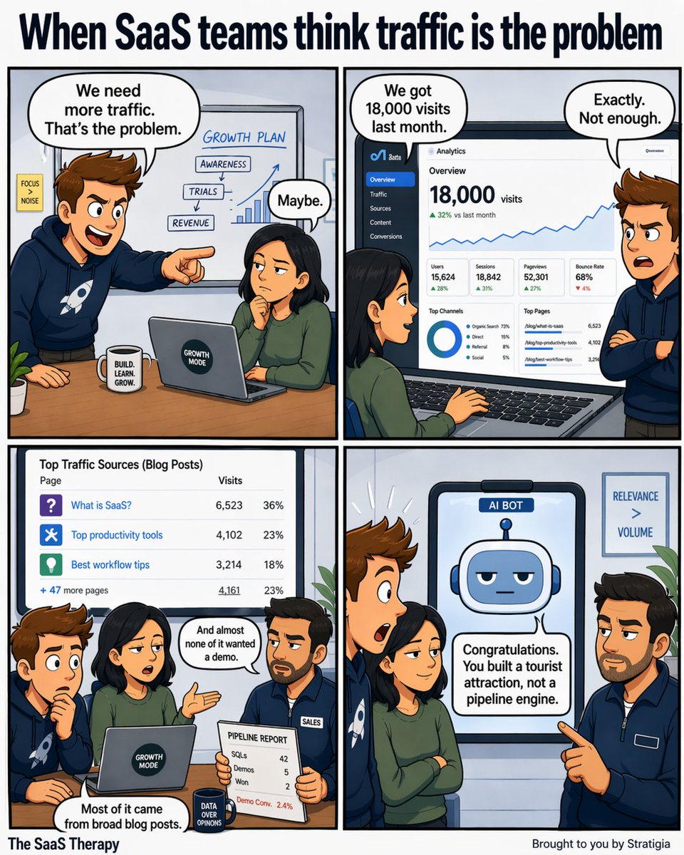 More traffic is not always the answer.

A lot of SaaS teams are pulling broad, low-intent visits and then wondering why demos stay flat.

Traffic can grow.

Pipeline can still stay weak.

Wrong traffic looks good in reports.

Right traffic shows up in revenue.

#SaaSMarketing