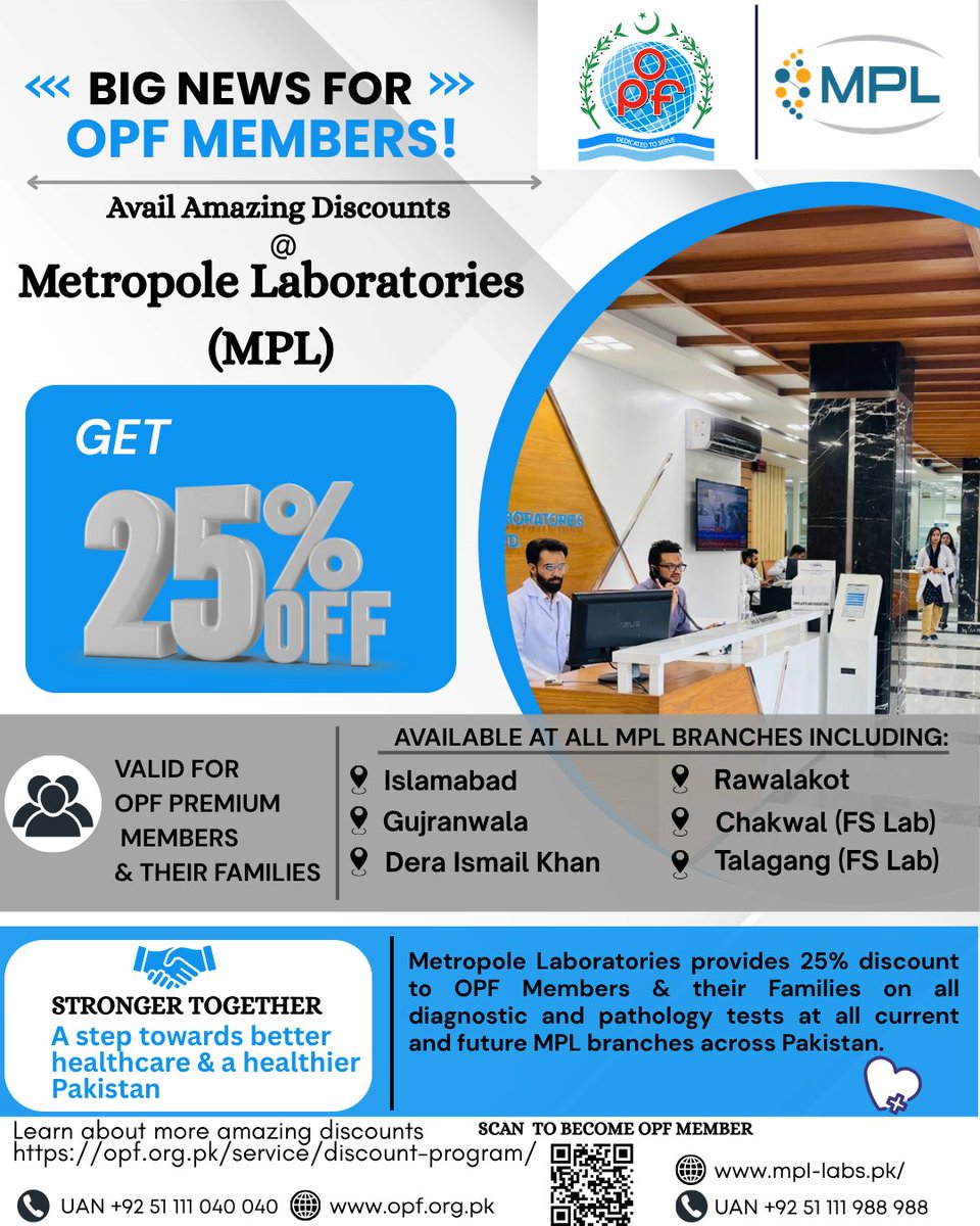 opf_pk's tweet image. Under our Welfare Initiative called “Discount Program for Overseas Pakistanis &amp;amp; their Families”, OPF has collaborated with Metropole Laboratories. MPL is offering exclusive discount on diagnostic and pathology services for overseas Pakistanis registered with OPF. 

#OPF #MPL