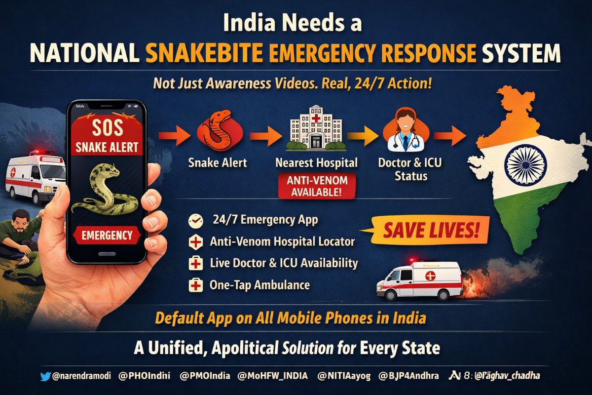 IamSNR's tweet photo. India needs a National Snakebite Emergency Response System — not just awareness videos.

A stick won’t save lives. Speed + coordination will.

Snakebite deaths still occur due to delays in hospital access &amp; anti-venom availability.

This is a national public health gap.

(1/3) https://t.co/ZeSdyd9LW1