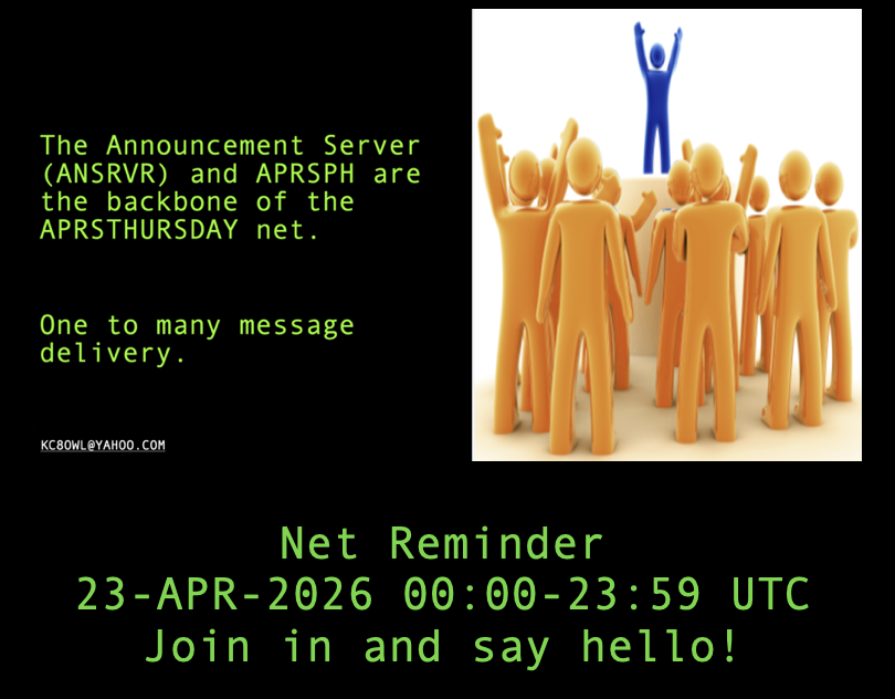 kc8owl's tweet photo. WHAT: #APRSTHURSDAY net
WHEN: 23-APR-2026 00:00 - 23:59 UTC
HOW: Set Destination Station = ANSRVR
HOW: Enter Message body = CQ [space] HOTG [space] Happy aprsthursday

Join us for this week’s #APRSTHURSDAY worldwide net using either ANSRVR or APRSPH and say hello! #hamradio https://t.co/Y2bXXYgjCQ