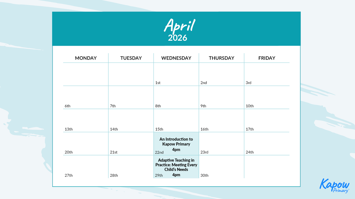 kapowprimary's tweet image. Two webinars this April 👇

📅 22nd April, 4pm
An Introduction to Kapow Primary

📅 29th April, 4pm
Adaptive Teaching in Practice

Register now 👇

eu1.hubs.ly/H0tjwSb0

#PrimaryTeachers #CPD