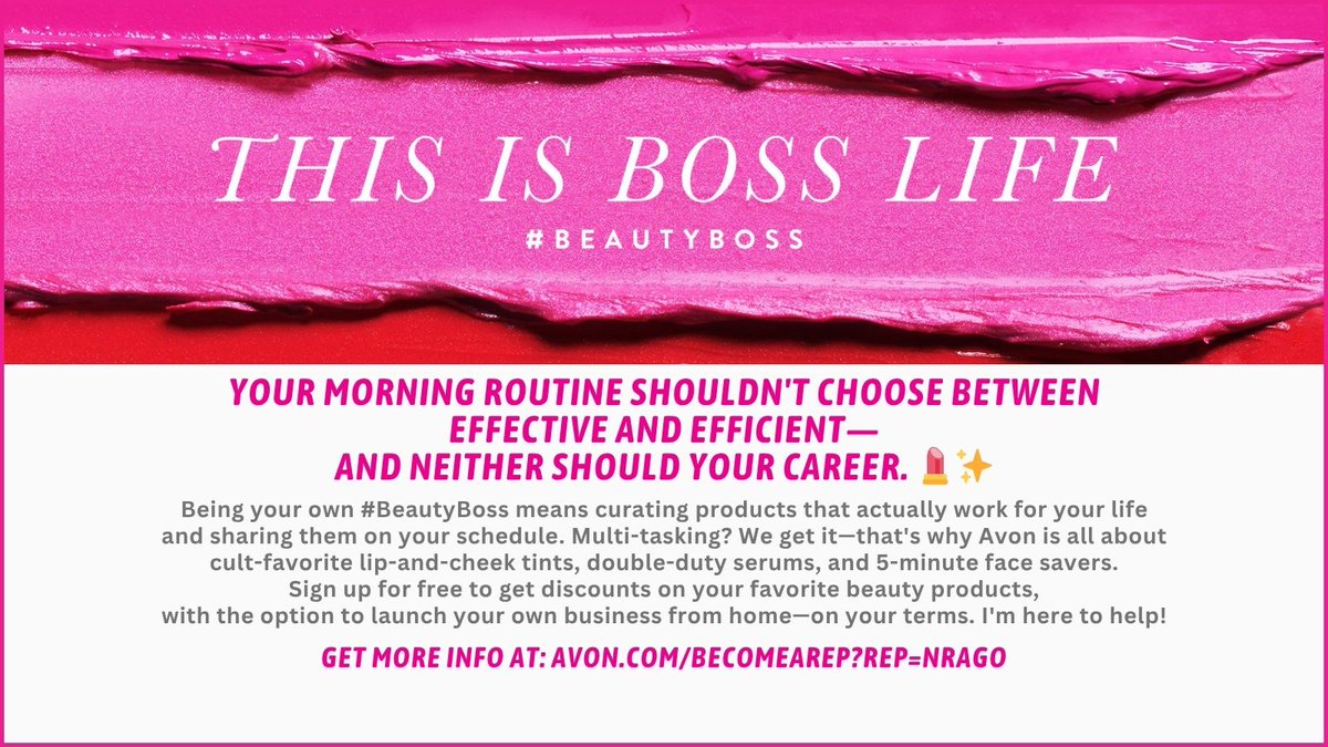 AvonLadyNJ's tweet photo. Why choose between a 5-min face &amp; full-time income? 💄 Multi-tasking mavens, cult-fave tints &amp; serums can build your empire. Avon's backed women like you for 140 years. https://t.co/AFTzwWyN0r

#BeautyBoss #SkincareEntrepreneur https://t.co/y2FdbDR1kW