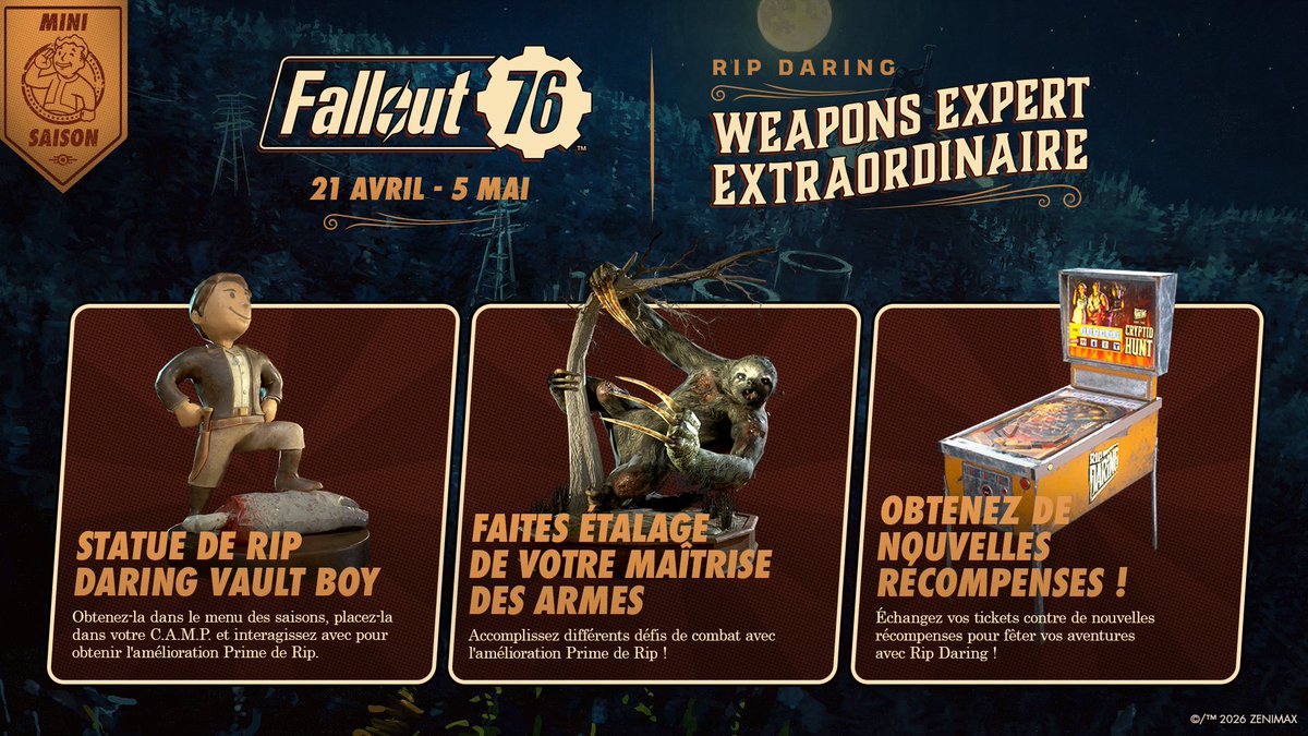 falloutfr's tweet photo. La mini-saison Rip Daring est désormais disponible dans #Fallout76 ! 

Avec le bonus de prime de Rip activé, relevez des défis, montrez votre maîtrise des armes et gagnez des tickets que vous pourrez échanger contre de nouvelles récompenses sur le thème de Rip Daring. https://t.co/tg017b9tZB