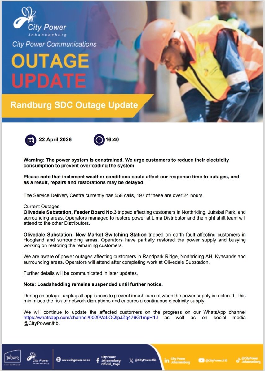 CityPowerJhb's tweet photo. #RandburgSDC #CityPowerUpdates #CityPowerOutages 

The Service Delivery Centre is currently addressing 558 open calls.

Follow the Randburg SDC WhatsApp channel for updates: https://t.co/WP2CzQmfGC^GR https://t.co/F7Jygzi8JA